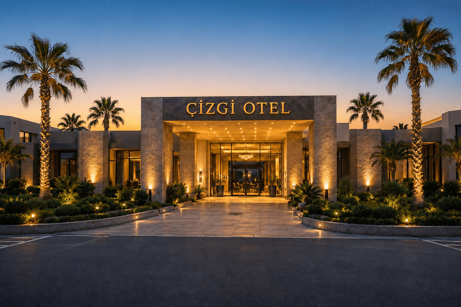 Çizgi Hotel main entrance with warm lighting and palm trees