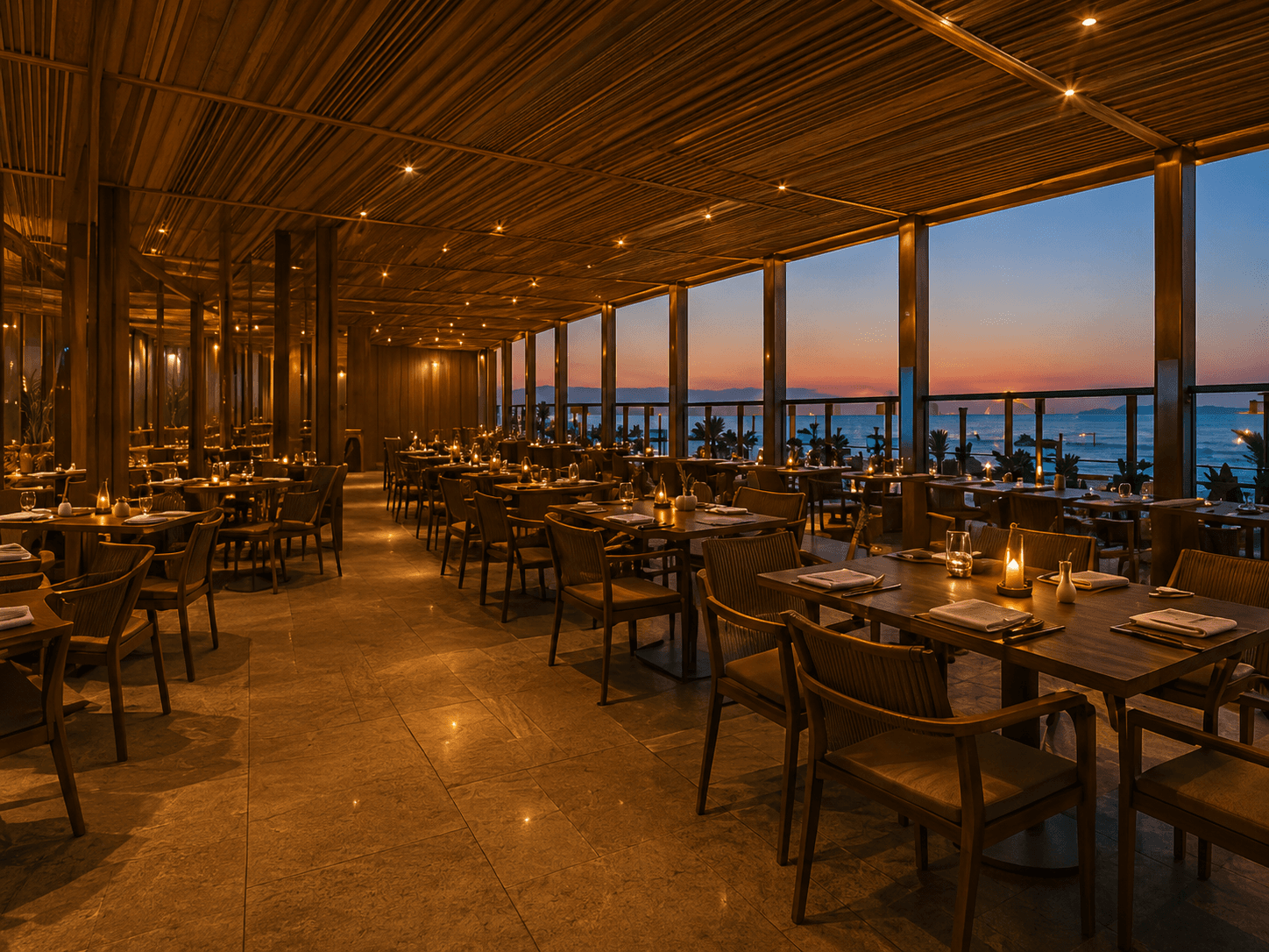 Main indoor restaurant with wooden ceiling